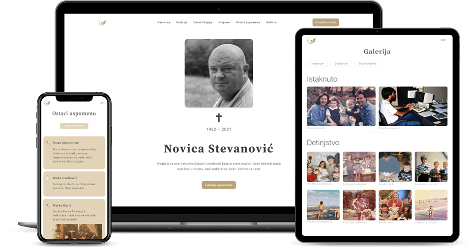 Na slici su prikazana tri uređaja (telefon, laptop i tablet) na čijim ekranima se nalaze različite strane digitalnog spomenika.
